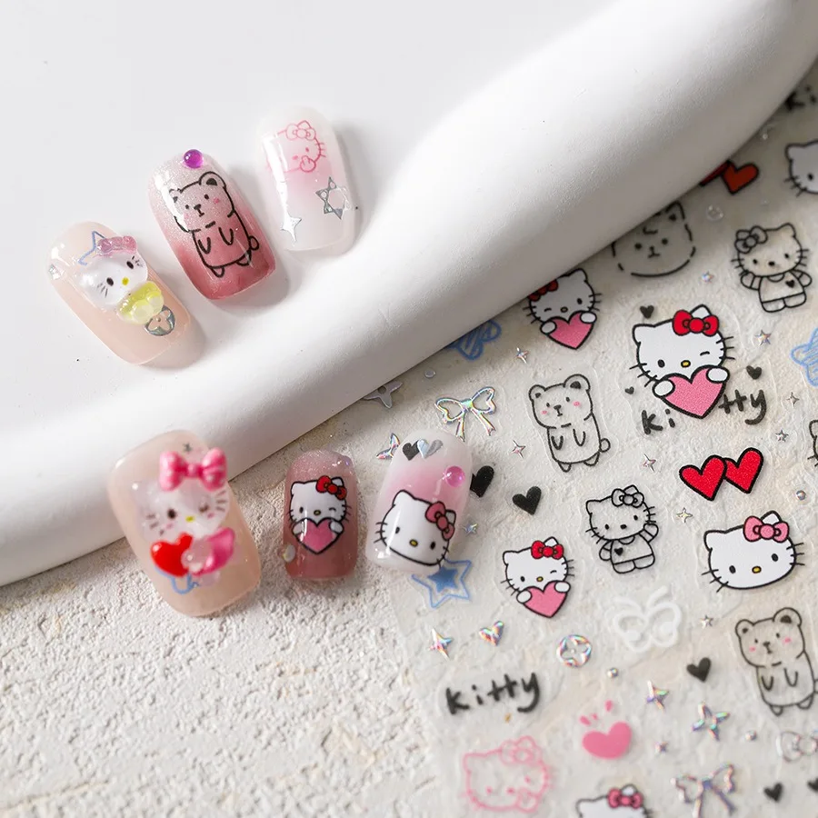 1PCS Kawaii Sanrio Hello Kitty Kuromi 5D Emboss Stickers Cinnamoroll Pochacco Nail Stickers Nail Sliders Nail Art Decoration