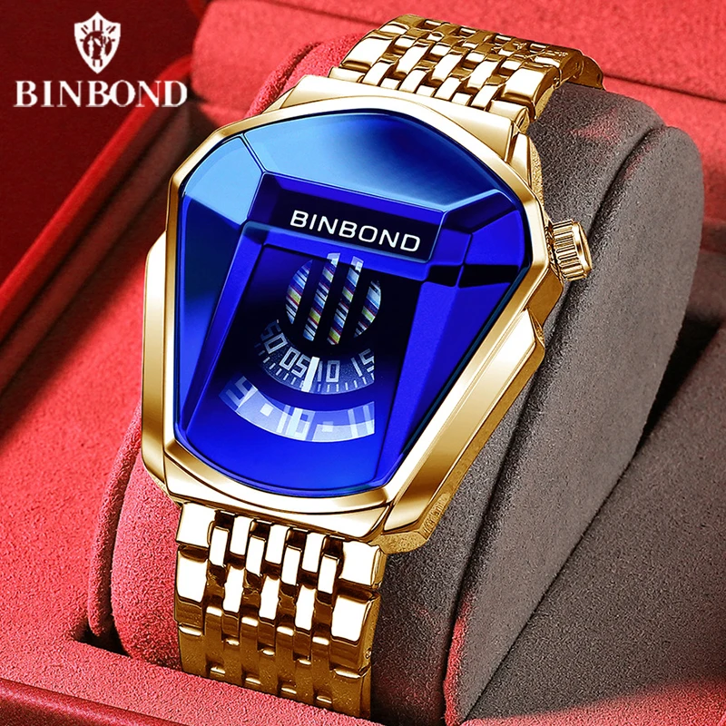 BINBOND Men Popular Fashion Motorcycle Concept Quartz Watch Luminous Steel Band Mesh Watch Touch Screen black technology watch