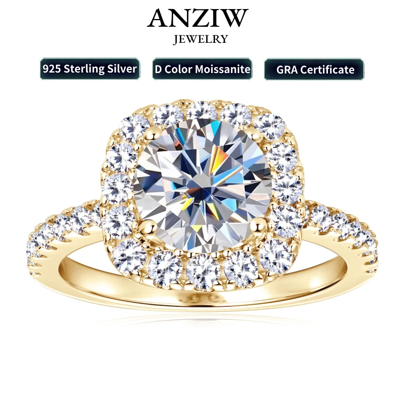 Anziw Real 2CT 8mm Round Moissanite Square Ring 925 Sterling Silver Luxury Brilliant Diamond Wedding Finger Rings Band For Women