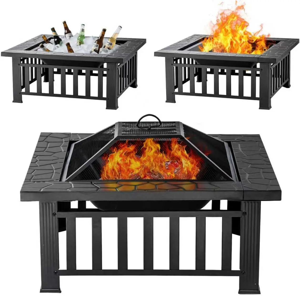 Fire Pit Table 32 Inch Square Metal Stove for Patio, Backyard | Wood Burning Fire Pits for Outside, Multifunctional, Customized