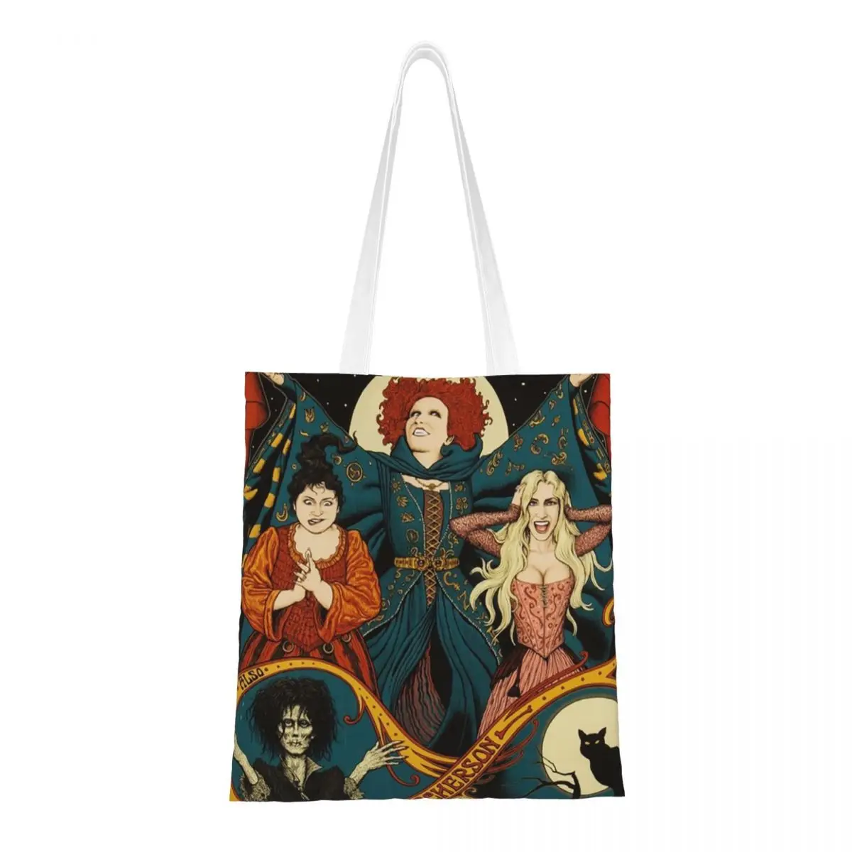 Custom Sanderson Sisters Halloween Shopping Bag Women Canvas Shoulder Tote Bag Washable Hocus Horror Tv Movie Pocus Shopper Bags