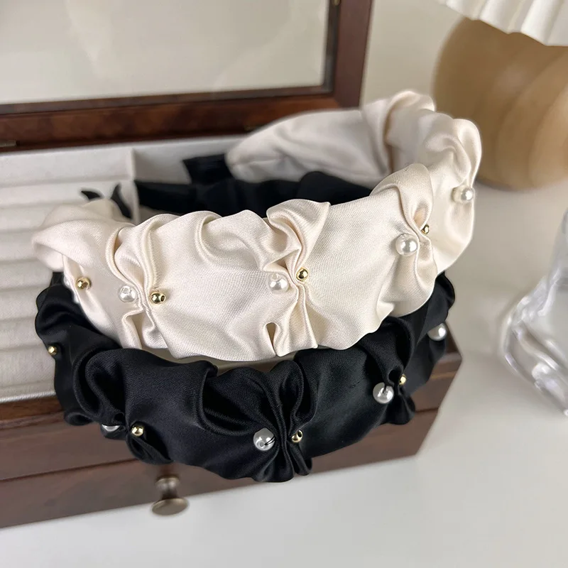 UXSL New Fashion Satin Pearl Wide Headbands for Woman Temperament Elegant Hair Bands Female Versatile Hair Hoop Hair Accessories