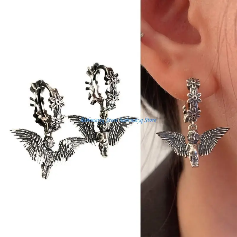 

573B Angel Wing and Flower Hoop Earrings Stylish Ear Accessory Fashionable Ear Rings