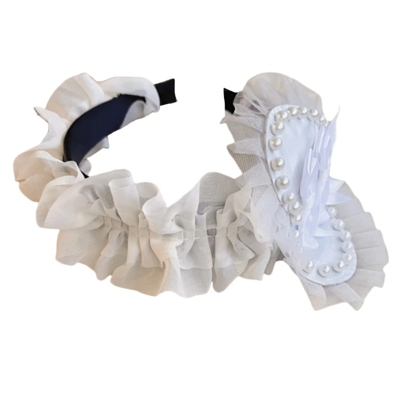 Girl Heart Ruffled Lace Headbands Subculture Heart Pearls Flouncing Headwear