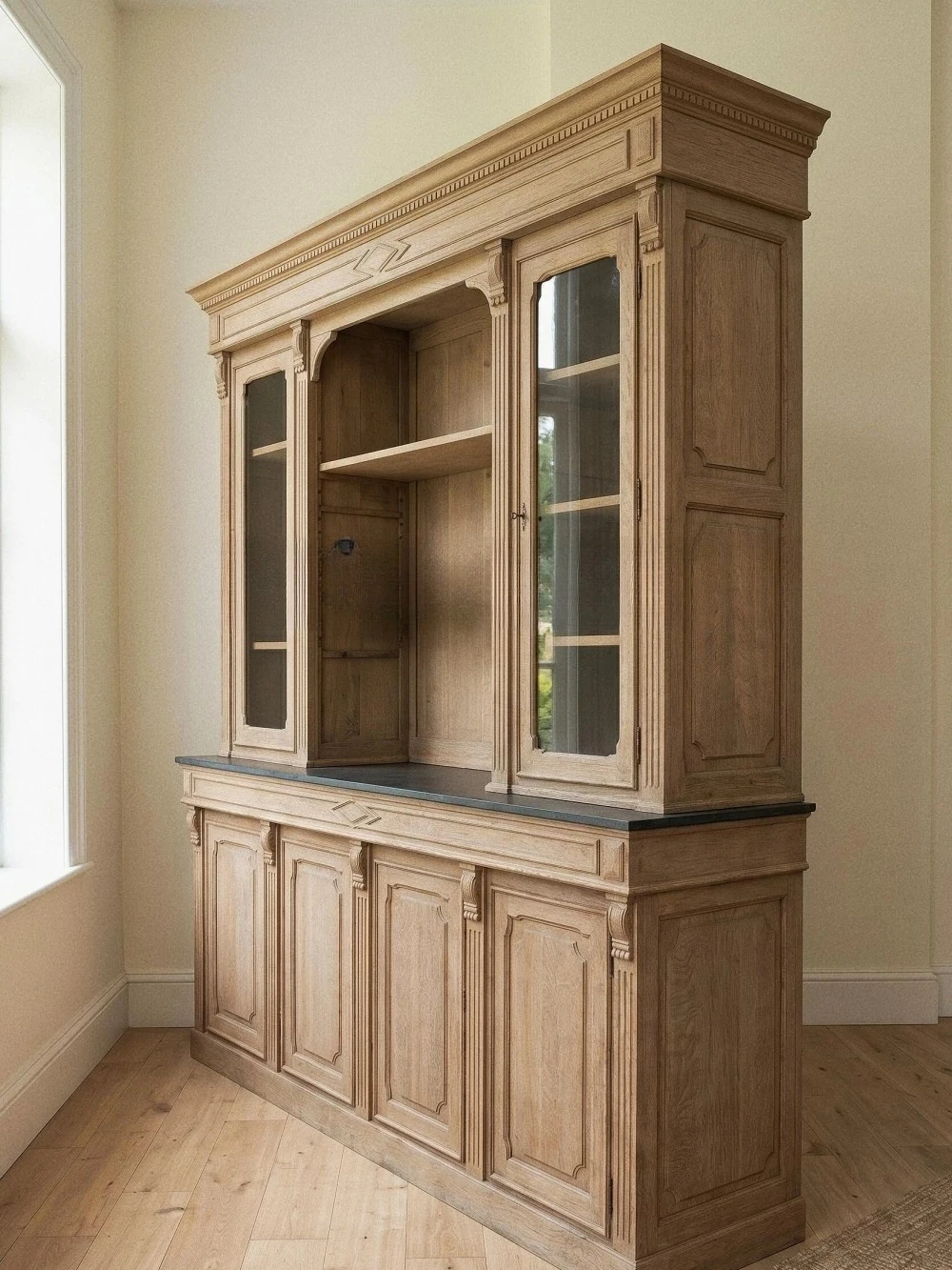 Log color solid wood bookcase American engraved oak wine cabinet storage cabinet glass door combination display cabinet