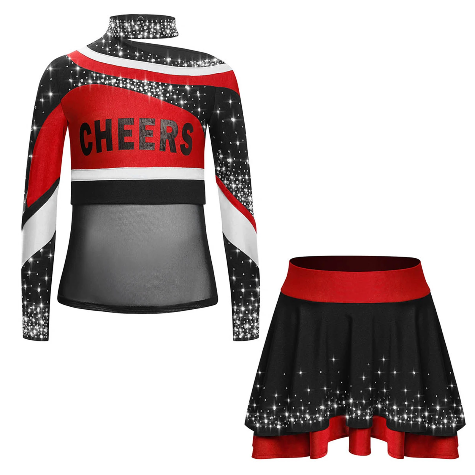 أطقم التشجيع للأطفال البنات أزياء أداء مرحلة المدرسة الثانوية بأكمام طويلة وطباعة حروف ملونة مع تنورة