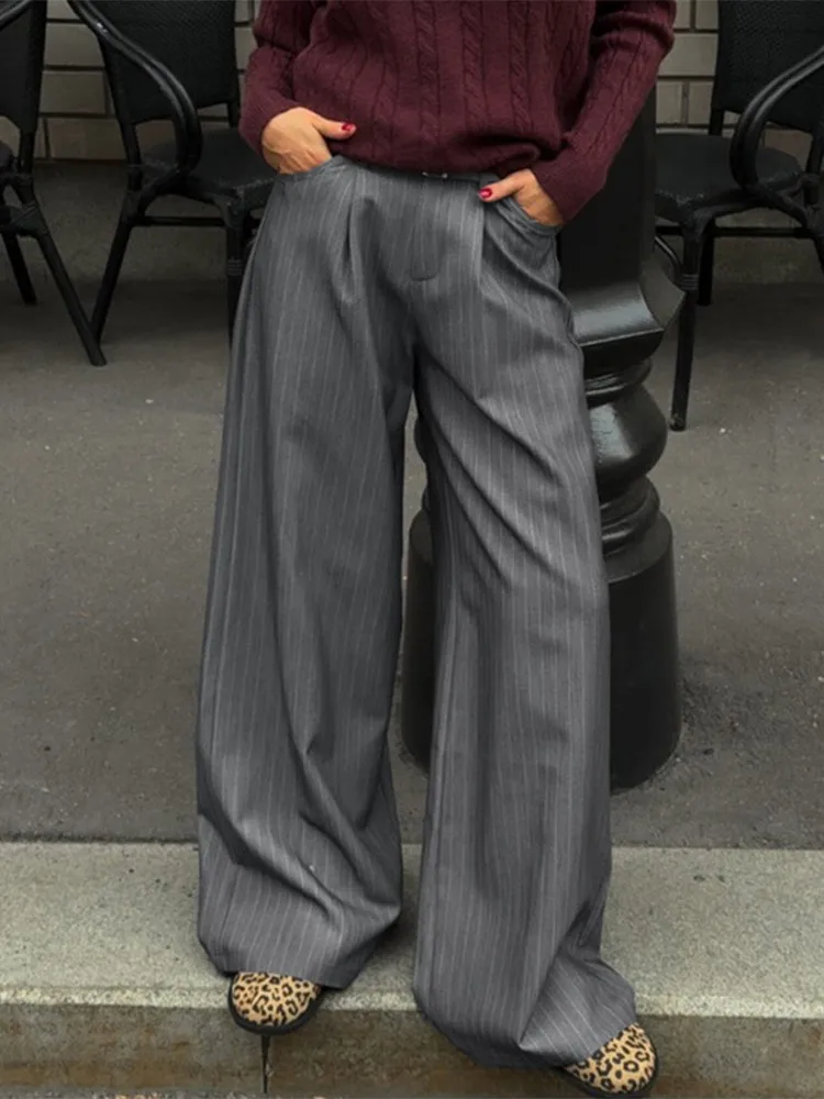 

High Waist Striped Suit Straight Pants Women Chic Comfortable Loose Long Trousers With Waistband Female Spring Autumn Pant