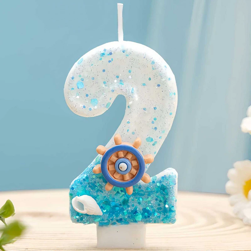 Ocean Blue Glitter Number Candle with Ship Wheel & Conch Ornament, Nautical Theme Numeral Cake Candle for Kids First Birthday