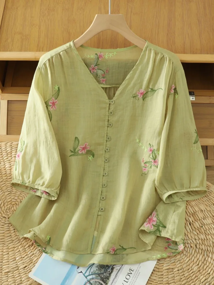 Nuovo cinese Sle Cotone Lino ricamato V-ne irt Donna Estate plus Size Dimagrante Faionable Age-defng f Sve Top