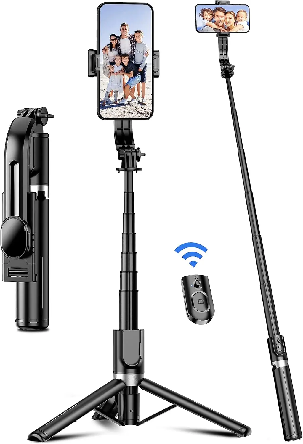 41'' Extendable Aluminum Selfie Stick Tripod with Wireless Remote, 360° Rotation, Compatible with iPhone & Android (Black)