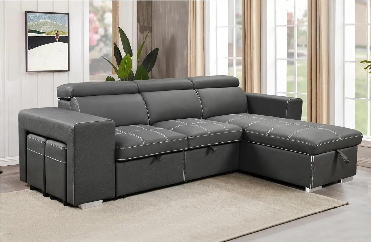 102'' Microfiber Sectional Sleeper Sofa with Pull Out Bed, Reversible Storage Chaise, 4 Seats L Shaped Sectional Couch w