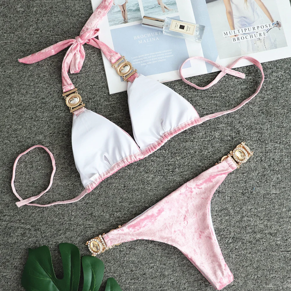 Conjunto de Bikini de terciopelo de dos piezas para mujer, traje de baño Sexy con cristales, color rosa y azul, ropa de playa unicolor