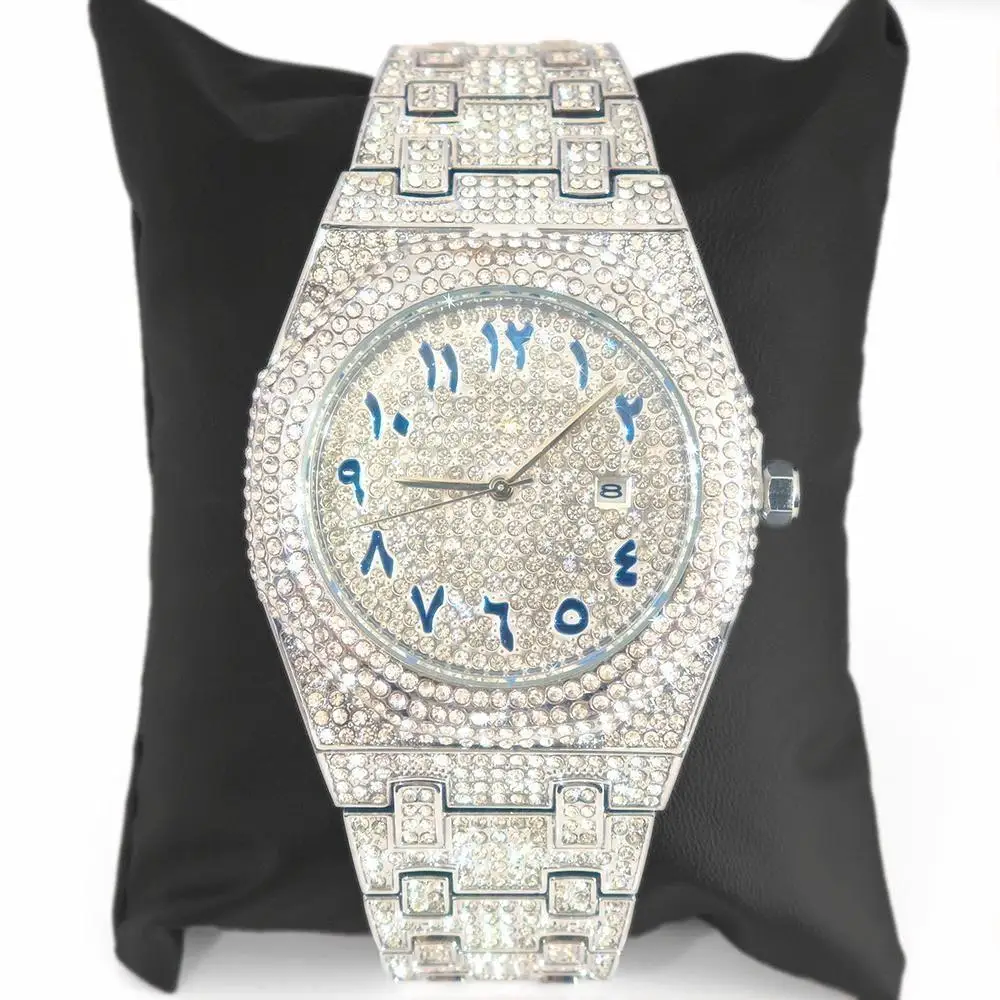 Nova marca de moda número árabe relógio quartzo para homens luxo totalmente diamante bling prata à prova dwaterproof água iced out relógios masculino quente