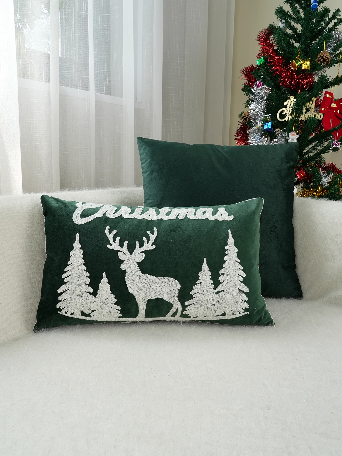 1pc Green Dutch Velvet Christmas Elk Exquisite Embroidery Cushion Pillow Case, Multi-Size Multi-Room Universal