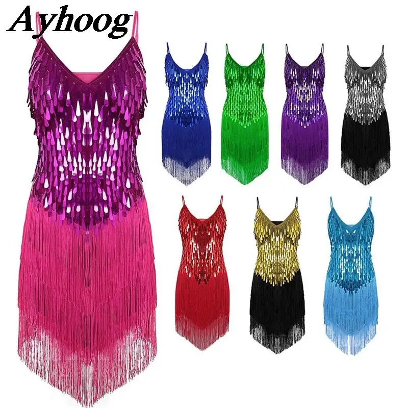 Ropa de baile de Salsa Samba para mujer, vestido Sexy con flecos y flecos, vestido de baile latino con borlas y lentejuelas brillantes, traje de baile de salón