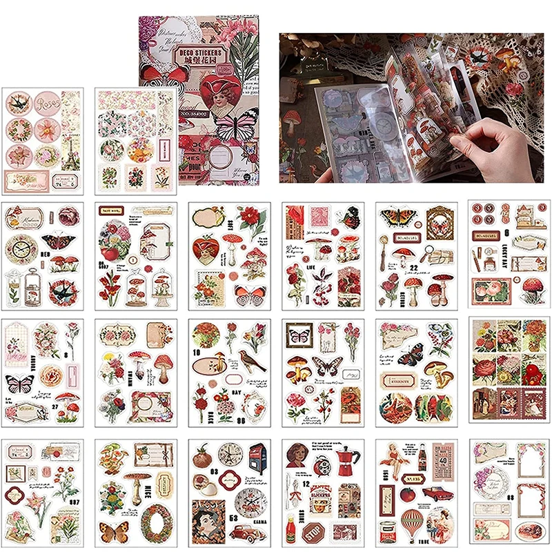 Vintage DIY Scrapbook Sticker Book for Journaling 20 Sheets/168Pcs Waterproof Nature Floral Butterfly Stickers for Scrapbooking