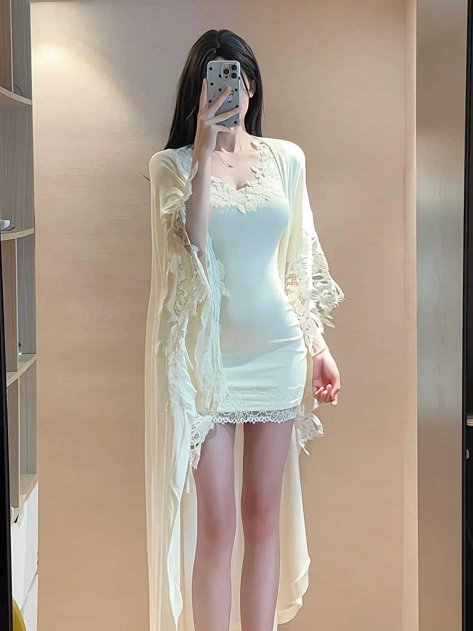 

Lace Splicing Spring New Sle Women's Faion Set High Waist V-Ne Long Sve Dr And awl Two-Piece Set Korean Sle