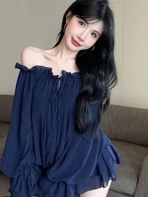 Women's Petal Layered Drawstring Chiffon Shirt Sleeveless One Shoulder Mesh Top Autumn Winter New Style Slimming Fashion