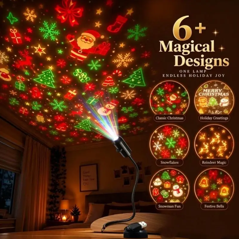 USB Christmas Projector Light with 6+ Christmas Series Pattern Flexible LED Projection Lamp For Home Bedroom Holiday Decoration