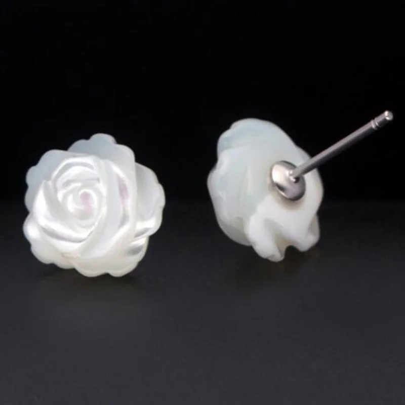 

White Rose Stud Earrings Natural Mother of Pearl Shell Carved Flower 925 Sterling Silver Handmade Jewelry for Women