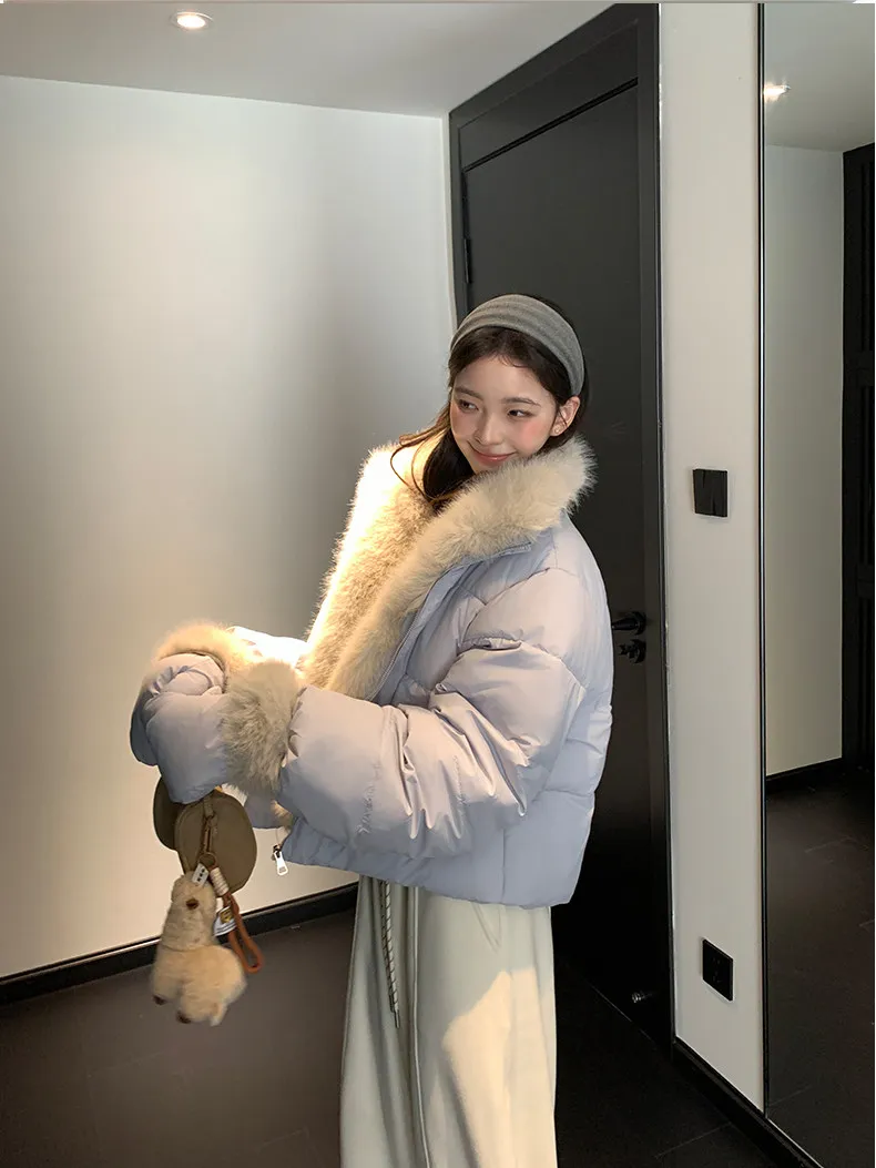 Korean Women's Short Puffer Jacket with Large Fur Collar Women Loose Thick Padded Cotton Coats Female Solid Casual Zipper Parkas