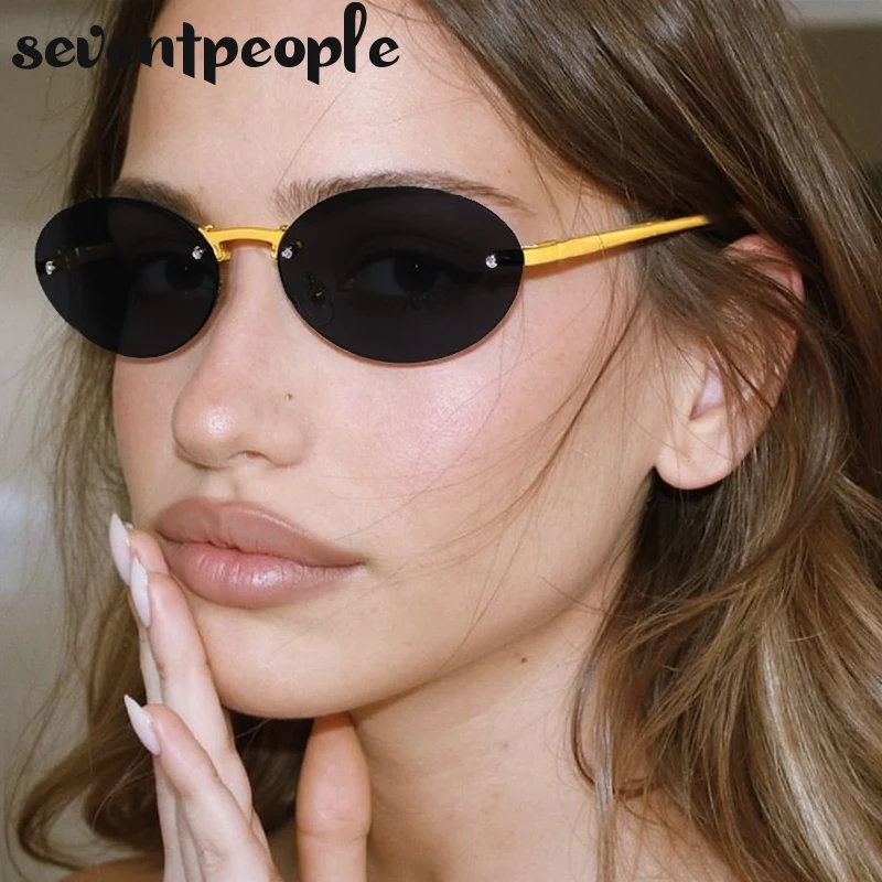 

Small Frame Oval Rimless Sunglasses Women 2025 Luxury Brand Trendy Metal Frameless Punk Sun Glasses For Ladies Outdoor Shades