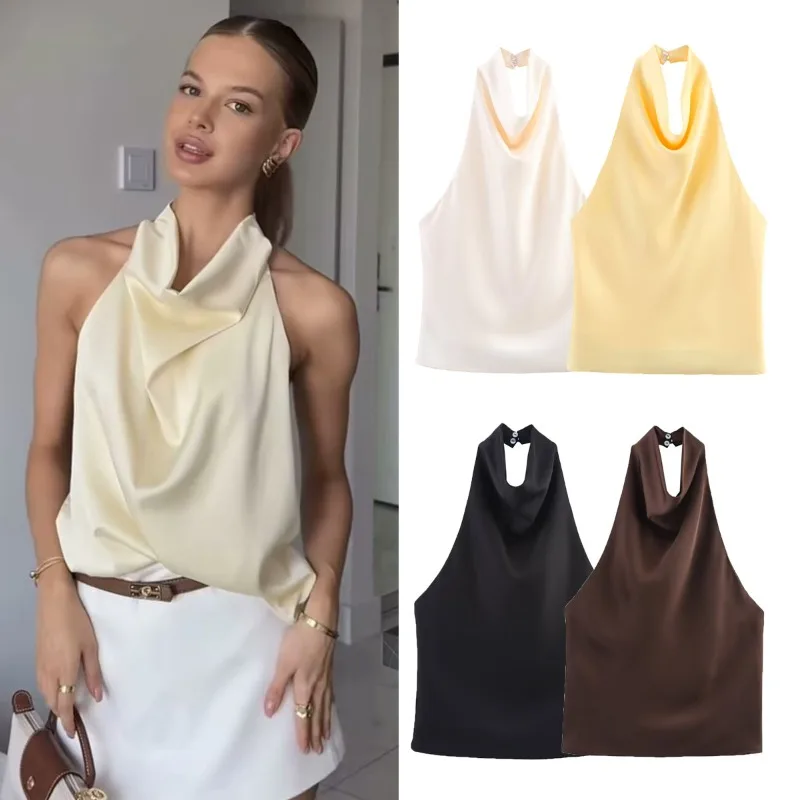 YYAHAHAS 2026 Summer European and American Style Silk Texture Backless Hanging Neck Solid Color T-shirt Top