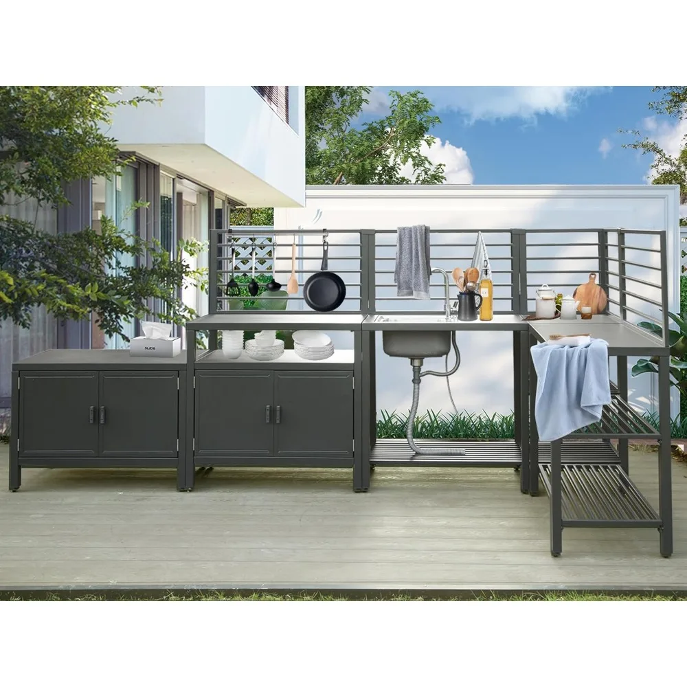 

5-Piece Outdoor Kitchen Island with Storage, Aluminum Kitchen Islands Stainless Steel Sink w/Faucet, Corner Bar Storage