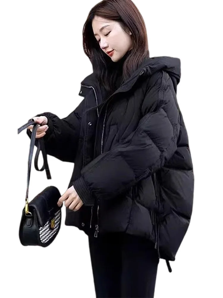 Thickened Black Cotton Jacket Women's Autumn Winter Loose Casual Short Hat Bread Style European Cargo Top Zipper Closure Long...