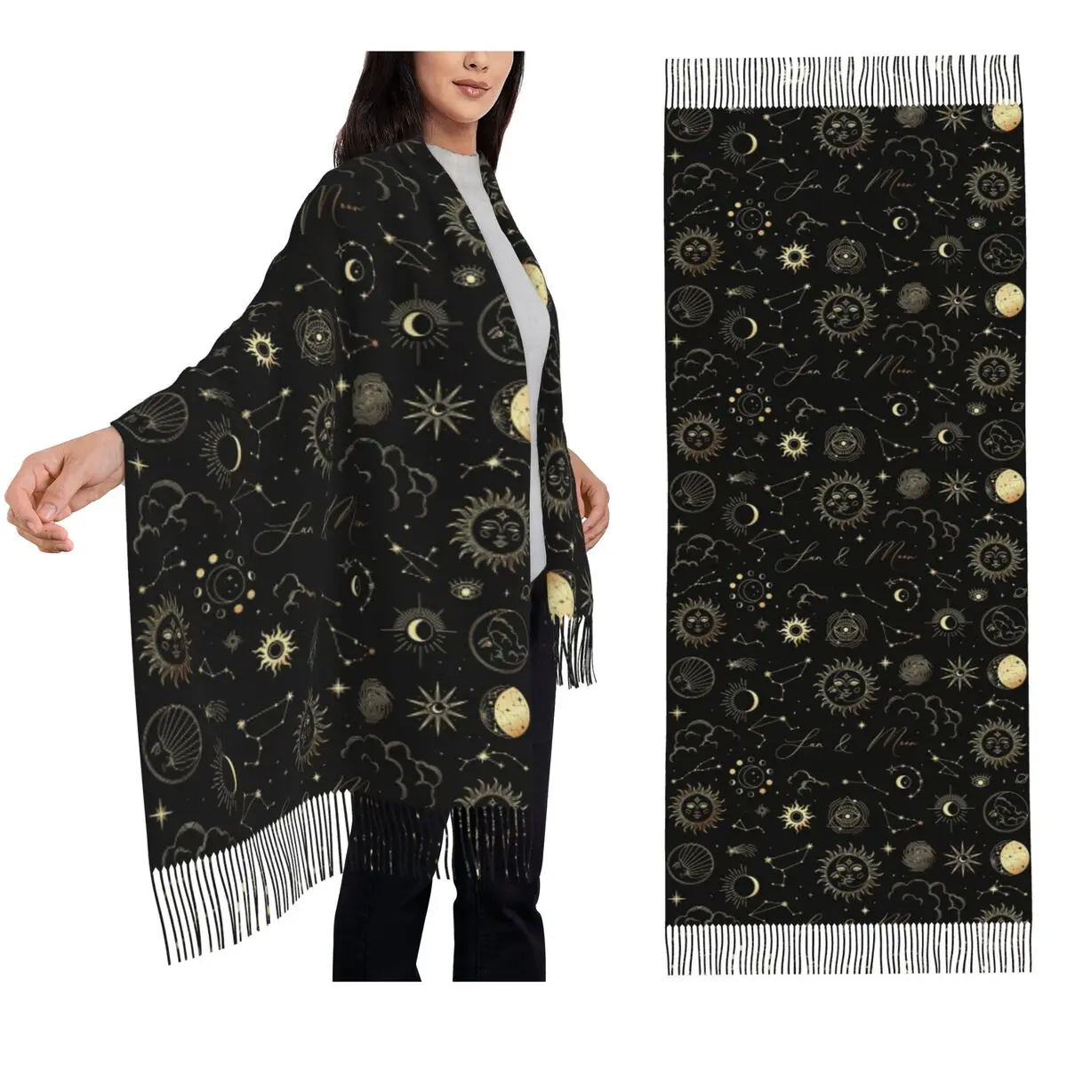 Celestial Mystic Esoteric Magic Sun Moon Scarf Tassel Scarves for Women Soft Warm Shawls and Wraps Long Fall Winter Shawl Wrap