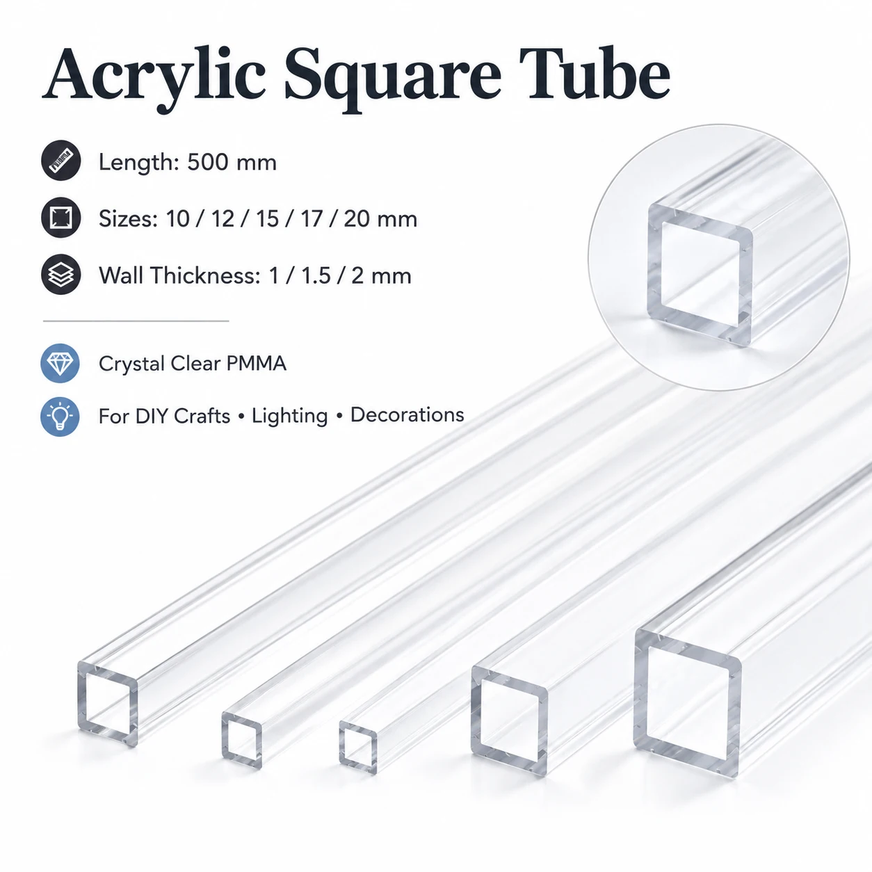 1-5Pcs 500mm Square Acrylic Hollow Pipe, 10-20mm Clear Duct for DIY Lamp, Home Decor Lightings, Prototype Building & Craft Tube