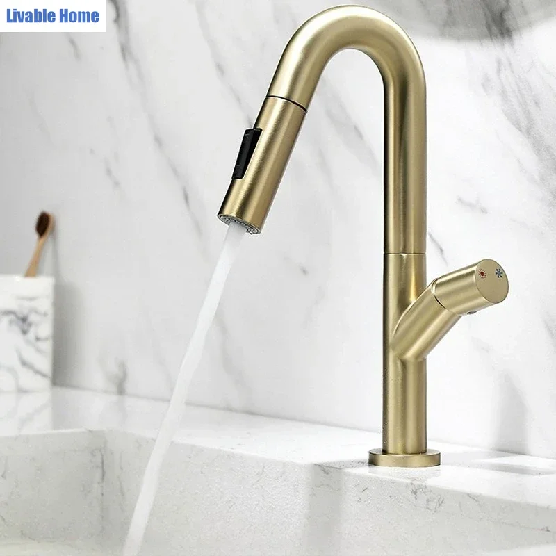 White Pull Out Basin Faucet Heightened Countertop Sink Tap Modern Bathroom Vanity Kitchen Laundry Cabinet Pull Down Mixer