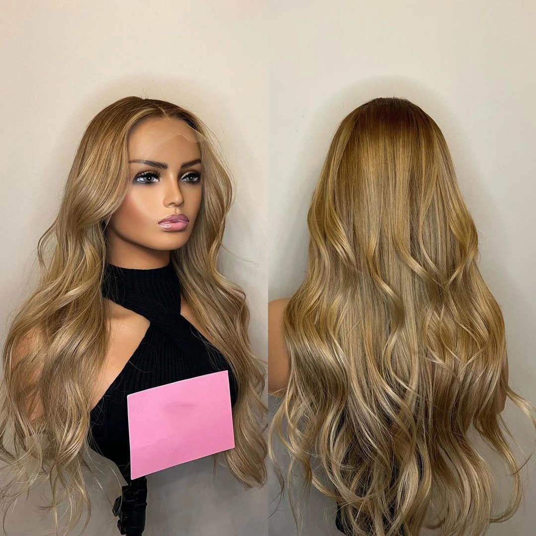 Soft Gold Blonde Light Brown Roots Long Wavy Synthetic Lace Front Wig Heat Resistant Hair Wig For Women Replacement Everyday Wig