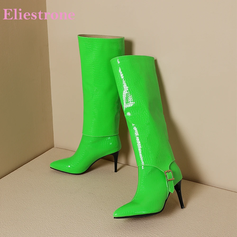 

2025 Новые зимние женские сапоги до колена зеленого и белого цвета с острым носком, женские модельные туфли на высоком каблуке, большие размеры 11 44 46 48