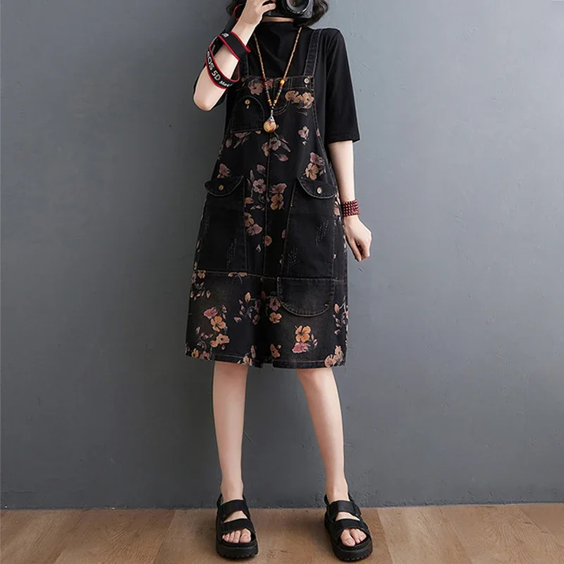 High Quality Women Loose Flower Printed Bib Overalls Summer Stitched jeans Rompers Shorts with Big Pocket