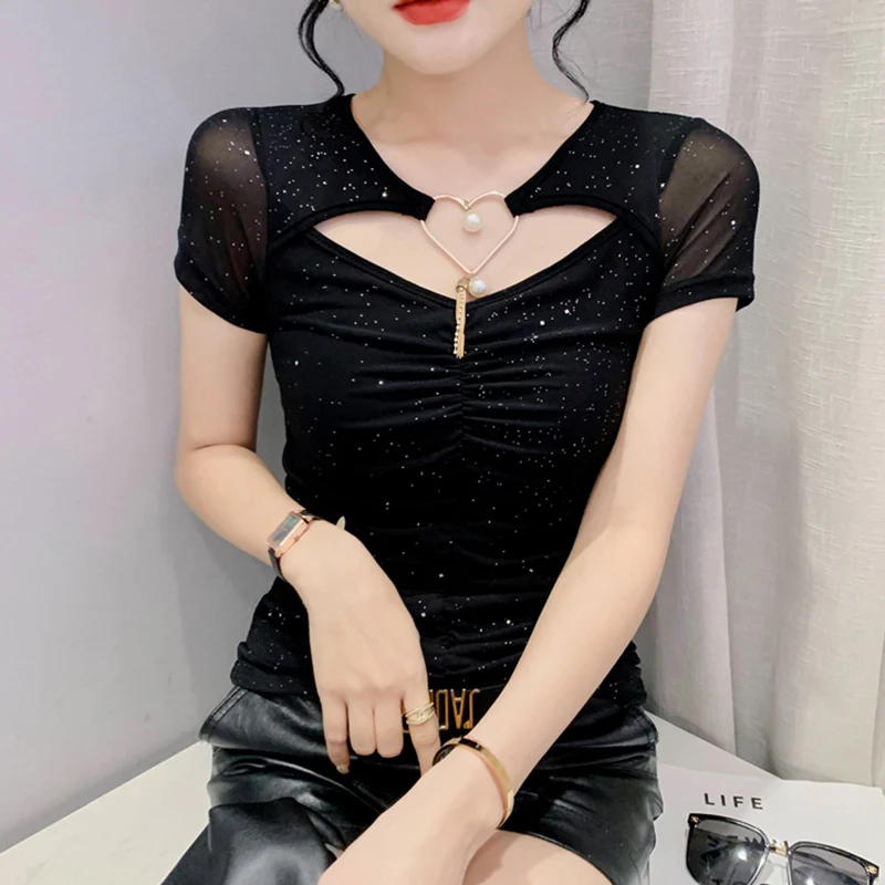 

Summer Short Sleeved O-Neck Women's T-Shirt Fashion Casual Solid Color Beaded Mesh Tops
