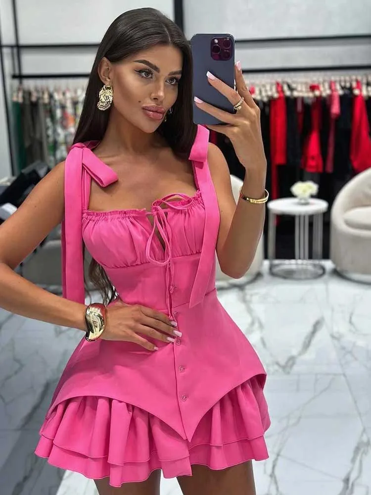 Robe d'été courte pour femmes, taille haute, bretelles avec nœud, col Slash, Sexy, élégante et belle, vente en gros, livraison directe