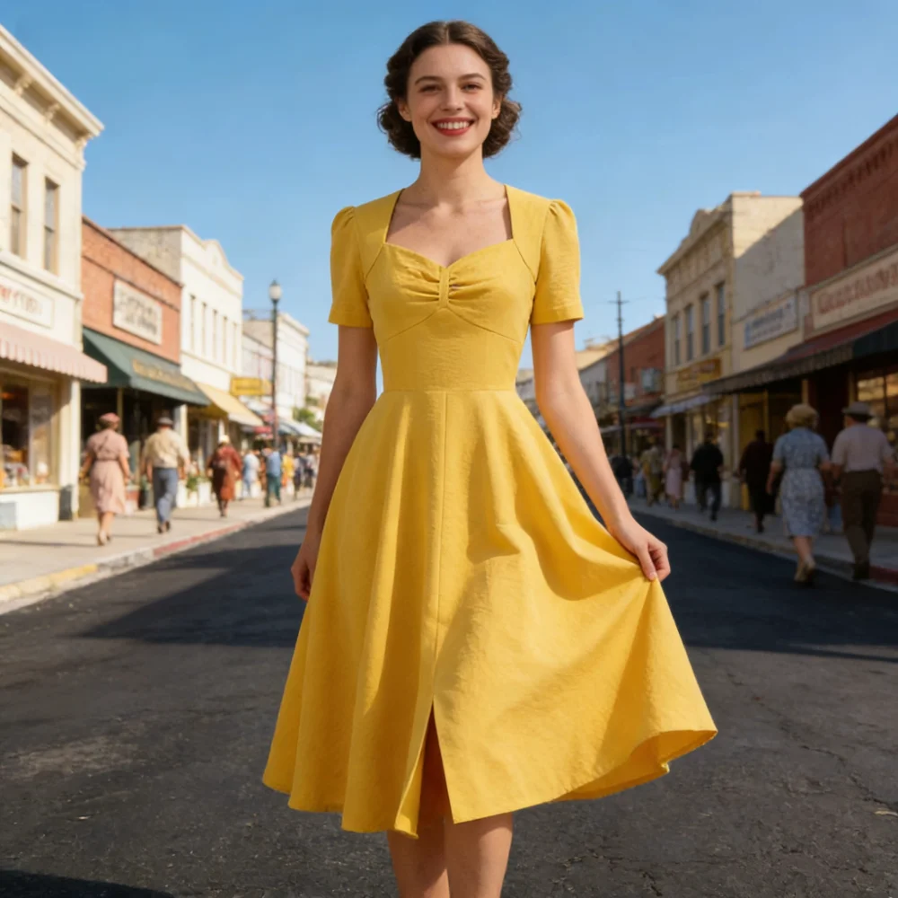Gelbes Kleid mit Herzausschnitt und Geraffter Taille, Elegantes Party-Midikleid 2026, Sommerkleidung für Damen, Puffärmel, 1950er Vintage Teekleid