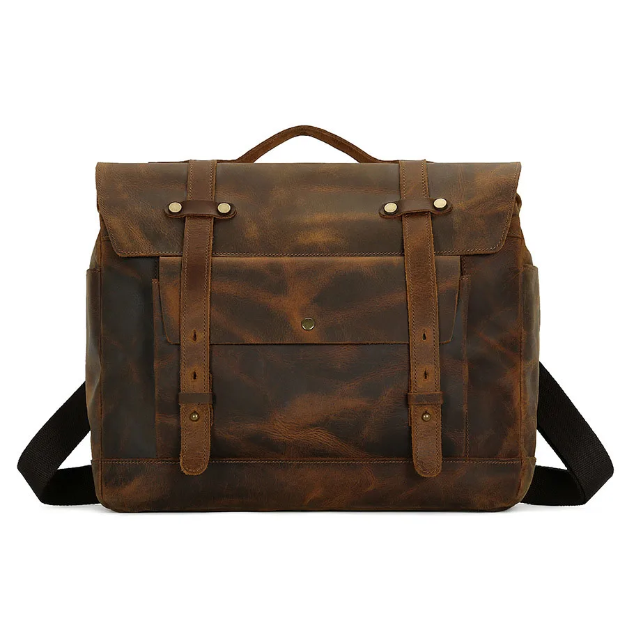 Cool Fashion Lederen Motortas Voor Mannelijke Handtas Gek Paard Leren 15.6 Laptop Computertas Man Mannelijke Messenger Bag