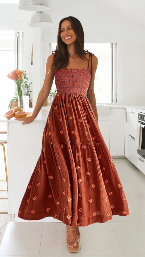 Vestido largo con bordado de flores para mujer, traje bohemio sin mangas con cuello cuadrado, corte en A, con lazo en el pecho y tirantes finos, para verano