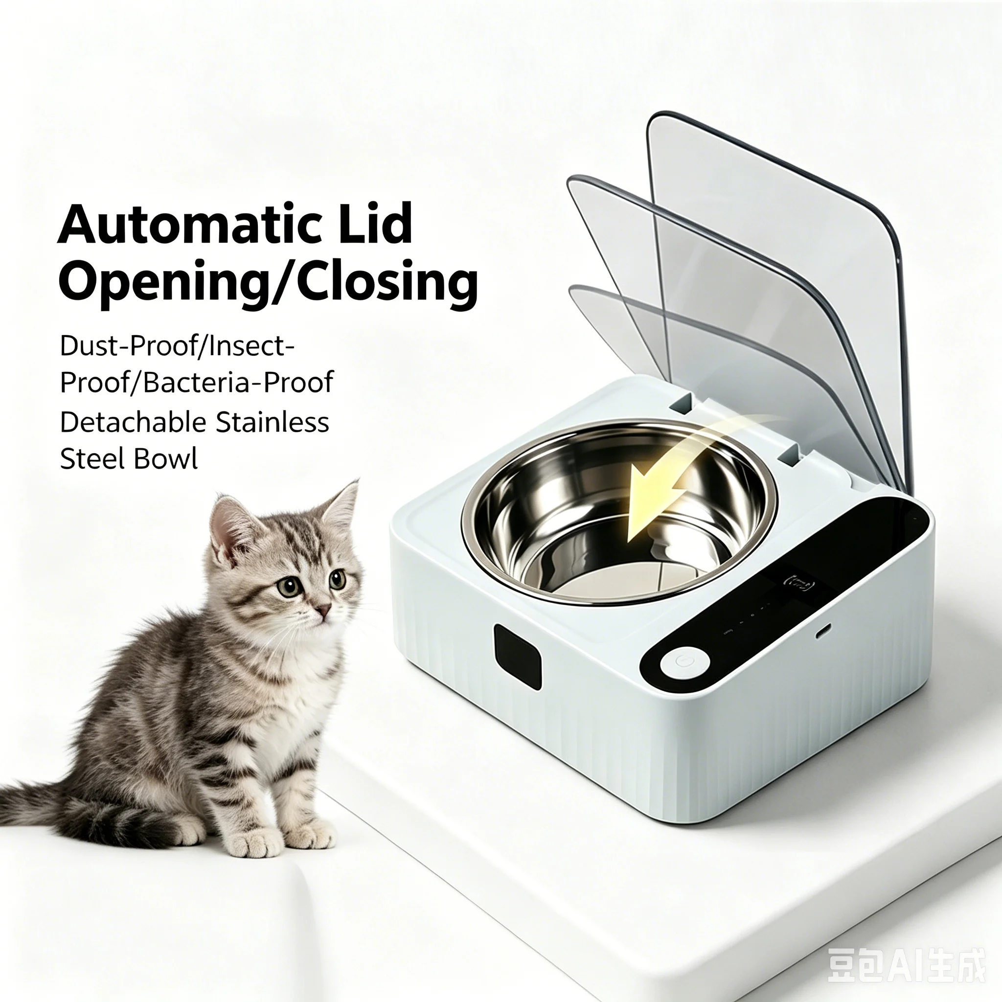 Bol pour chat avec capteur infrarouge intelligent, en acier inoxydable avec couvercle, anti-poussière, anti-insectes et anti-humidité