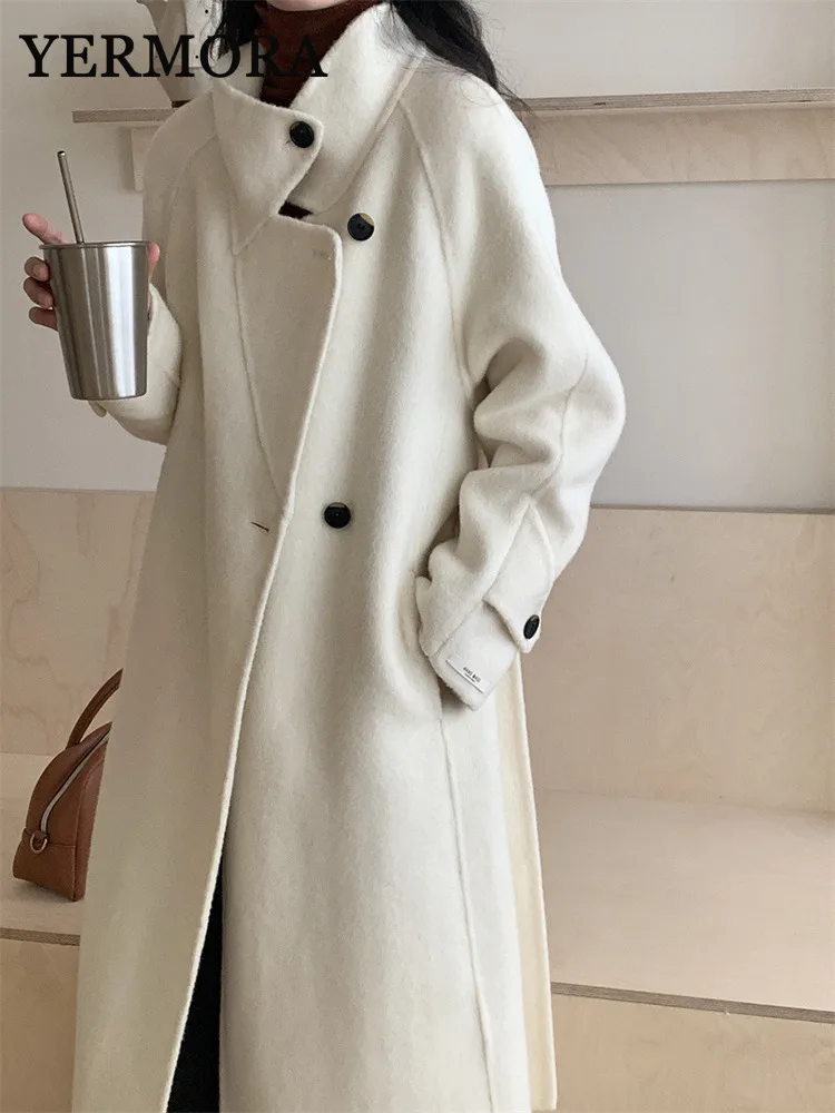 YERMORA Beige Belted Woolen Coat Loose Fit New Stand Collar Long Sleeve Women Jacket Fashion Tide Autumn Winter 2024