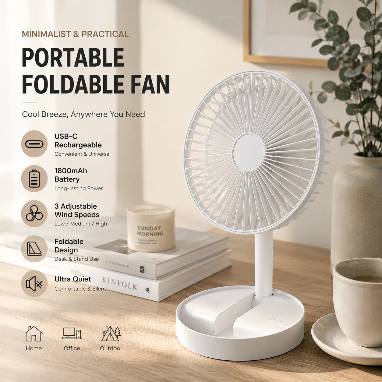 Ventilador de Mesa Portátil e Dobrável, Recarregável via USB C, Bateria de 1800mAh, Ventilador Ultra Silencioso com 3 Velocidades para Casa, Escritório, Quarto, Dormitório, Mini Ventilador