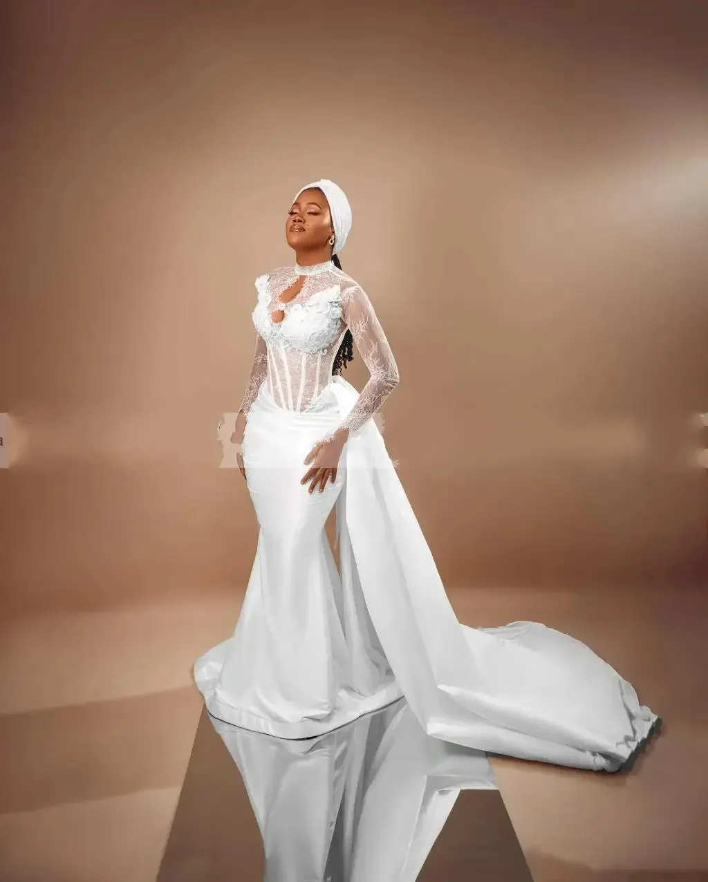 Customized Sexy High Neck See Through Aso Ebi White Mermaid Wedding Dresses With Overskirt Vestido De Festas Longo Casamento Br