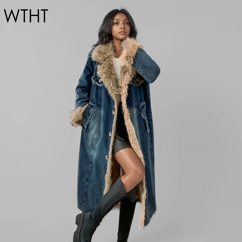 WTHT New Fashion Women\'s Plush Edge Belt Buckle Warm Denim Long Coat 2024 Winter Trendy Single Breasted Jacket Female 1LS178