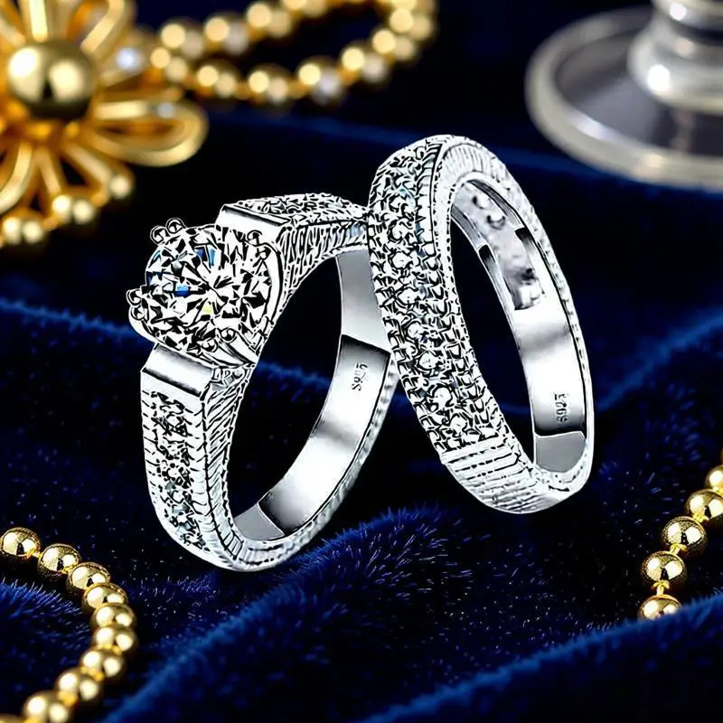 

1Pair Sparkling 925 Sterling Silver Full Cubic Zircon Couple Rings for Women Men Wedding Engagement Party Jewelry Gift Accessory