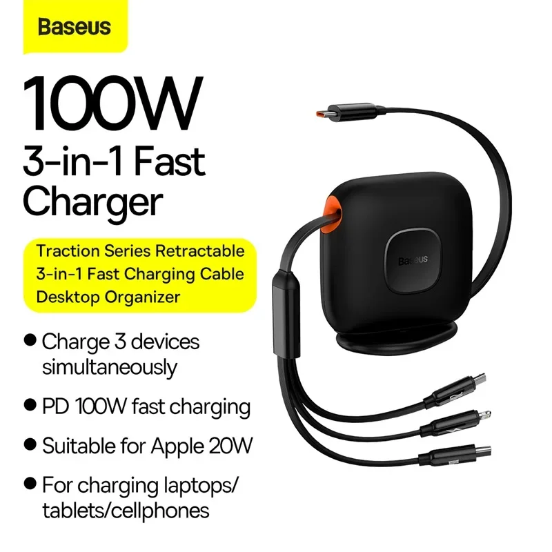 Baseus Traction Series Retractable 3-in-1 Fast Charging Cable Desktop Organizer Type-C to M+L+C 100W