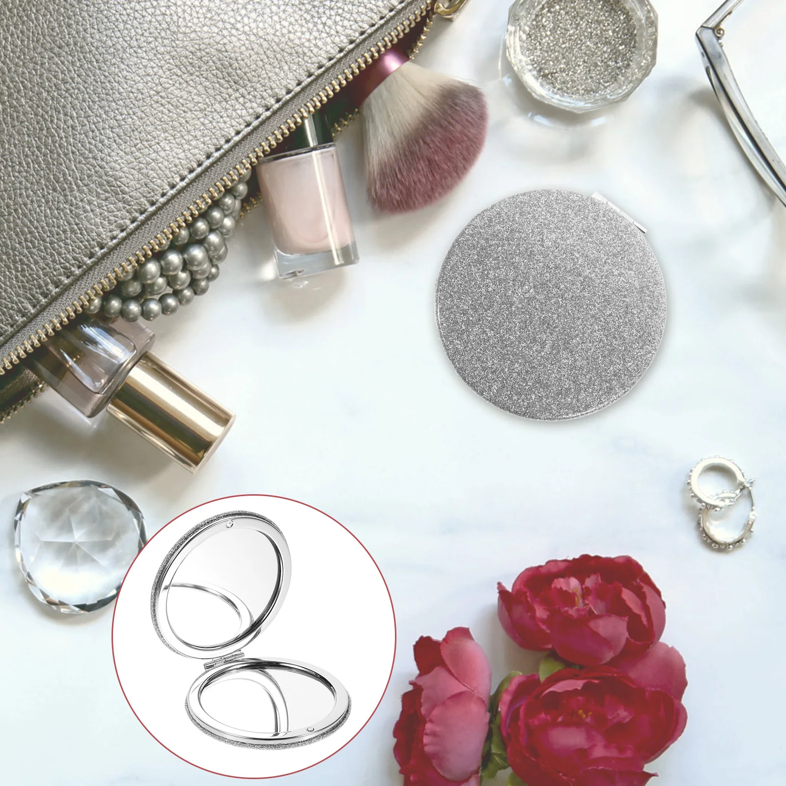 Miroir de maquillage Compact à paillettes PU, petit miroir de poche de voyage, léger et Durable, outil de maquillage pour femmes, 2 pièces