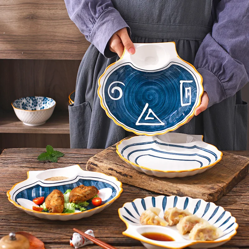 

Japanese-Style Creative Shell-Shaped Multi-Purpose Dumpling Plate With Vinegar Plate Ceramic Plate Breakfast Plate