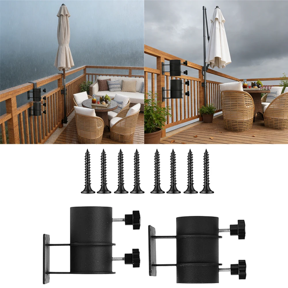 Adjustable Metal Umbrella Holder For Balcony Railing Heavy Duty Welded Frame 1.5-2.5 Inch Rail Thickness Support